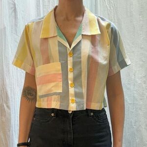 Pastel Striped Button Down Cropped Blouse Vintage 90s Ice Cream Core